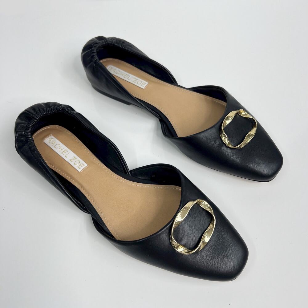 RACHEL ZOE Elleanor Ballet Flats Black Faux Leather‎ Gold Pendant Women's 8.5M